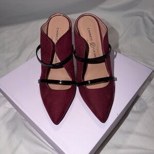 Chinese Laundry Burgundy Mules with Black Straps